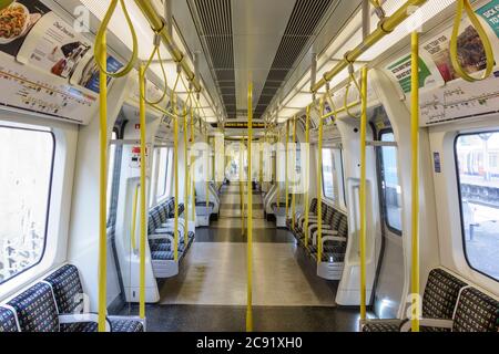 London Underground District Line empty carriage, UK Stock Photo