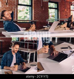 collage of happy businessman using laptop near smartphone with blank screen in office Stock Photo