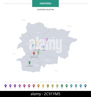 Andorra map with location pointer marks. Infographic vector template, isolated on white background. Stock Vector