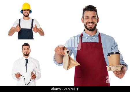 Collage of smiling waiter with coffee to go and paper bag, doctor holding stethoscope and workman showing thumbs up isolated on white Stock Photo