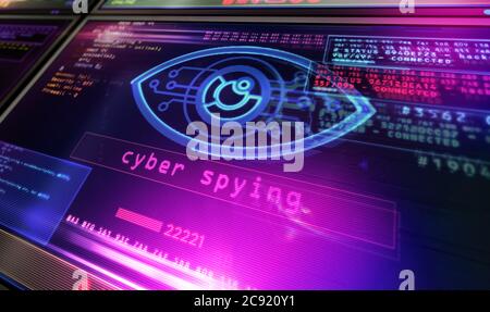 Cyber spying eye symbol on computer screen. Hacking, control, surveillance, supervise, digital invigilation and breach of privacy concept 3d illustrat Stock Photo