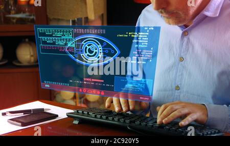 Hacker spy attack with cyber eye on computer screen. Hacking, control, surveillance, supervise, digital invigilation and breach of privacy concept 3d Stock Photo