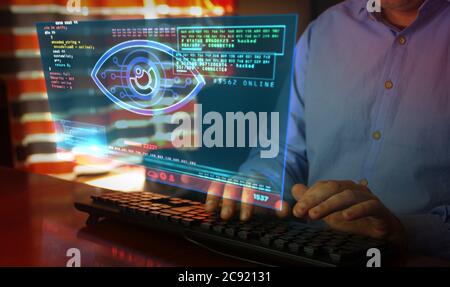 Hacker spy attack with cyber eye on computer screen. Hacking, control, surveillance, supervise, digital invigilation and breach of privacy concept 3d Stock Photo