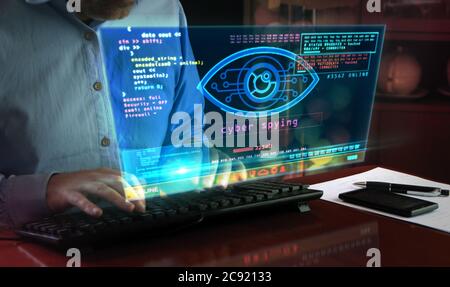 Hacker spy attack with cyber eye on computer screen. Hacking, control, surveillance, supervise, digital invigilation and breach of privacy concept 3d Stock Photo