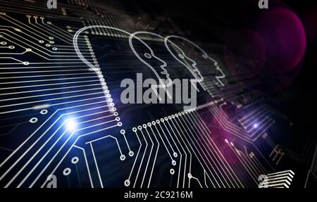 Artificial intelligence, cybernetic brain and global machine network technology concept. Futuristic 3D icon over computer board circuit. Abstract back Stock Photo