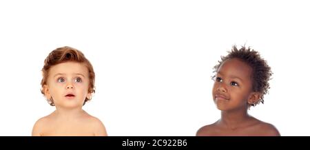 Two adorable children of different races isolated on a white background Stock Photo