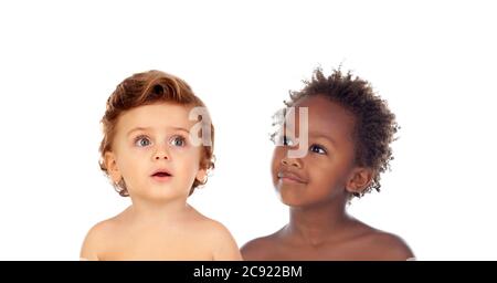 Two adorable children of different races isolated on a white background Stock Photo