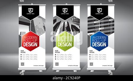 Roll-up template, design (85x200 cm) - modern office buildings, skyscrapers Stock Vector