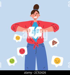 Angry young woman with broken dislike icon Stock Vector