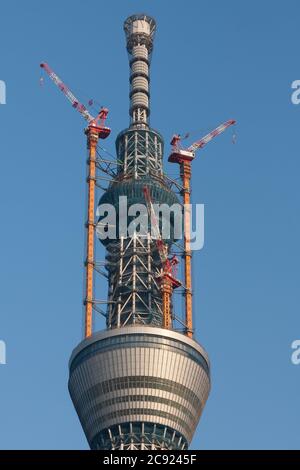 Cranes at the Tokyo Skytree construction site in Japan.Tokyo Sky Tree under construction. In this image this new telecommunication tower stands at 398 metres and when finished will measure 634 metres from top to bottom making it the tallest structure in East Asia. Oshiage, Tokyo, Japan. Stock Photo