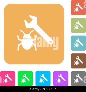 Bug fixing flat icons on rounded square vivid color backgrounds. Stock Vector