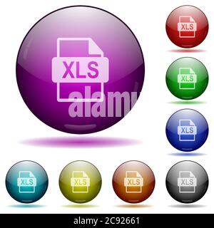 XLS file format icons in color glass sphere buttons with shadows Stock Vector