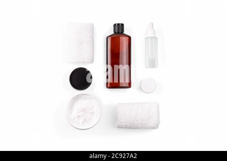 Beautiful spa composition on white in wellness center. Healthy and body care concept. Flat lay style. Bath beauty treatment set Stock Photo