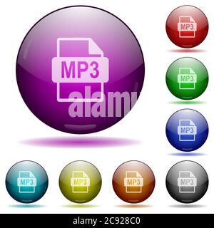 MP3 file format icons in color glass sphere buttons with shadows Stock Vector
