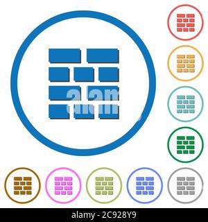 Brick wall flat color vector icons with shadows in round outlines on white background Stock Vector