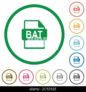BAT file format flat color icons in round outlines on white background Stock Vector