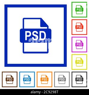 PSD file format flat color icons in square frames on white background Stock Vector
