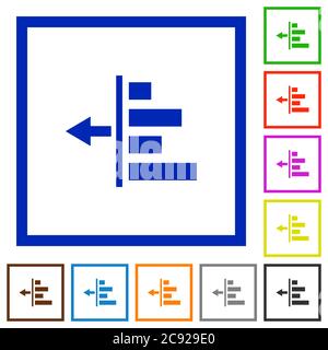 Decrease left indentation of content. Flat color icons in square frames on white background. Stock Vector