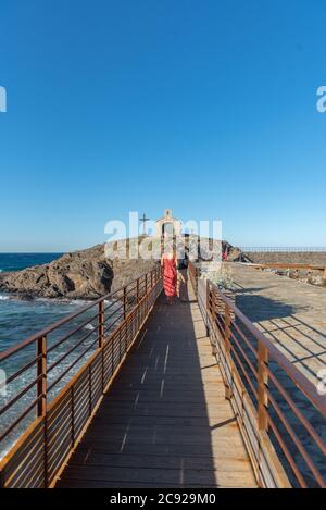 COLLIUORE, FRANCE - Jun 30, 2020: Colioure, France - July 21, 2020: Tourists near chapel of Saint Vincent in sea of Collioure in south of France. Stock Photo