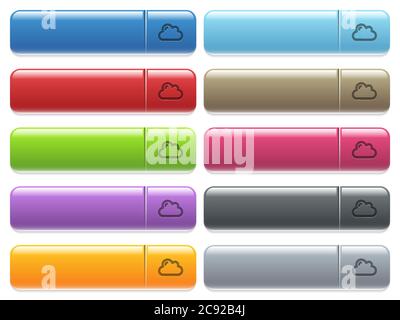 Cloud engraved style icons on long, rectangular, glossy color menu buttons. Available copyspaces for menu captions. Stock Vector