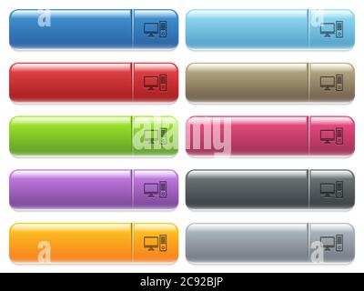 Desktop computer engraved style icons on long, rectangular, glossy color menu buttons. Available copyspaces for menu captions. Stock Vector