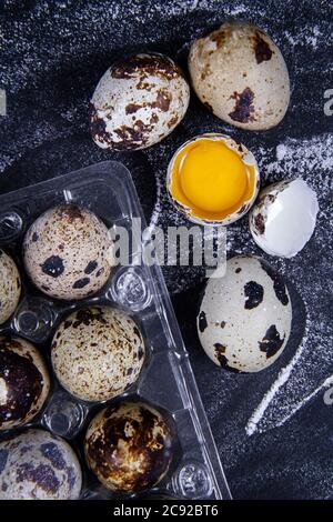 The quail egg is next to the native eggs and an egg yolk outside or inside the dish. Stock Photo