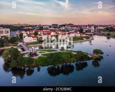 Panoramic aerial view of the historical center at sunset in Minsk, Belarus. Stock Photo