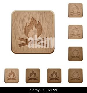 Camp fire on rounded square carved wooden button styles Stock Vector