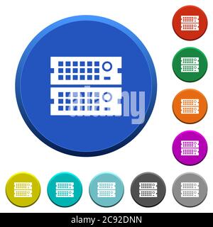 Rack servers round color beveled buttons with smooth surfaces and flat white icons Stock Vector