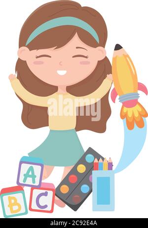 back to school, student girl with blocks alphabet pencils education cartoon vector illustration Stock Vector