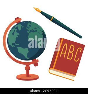 School globe and fountain pen sticker set on white isolated backdrop. Book for invitation or gift card, notebook, bath tile, scrapbook. Phone case or Stock Vector