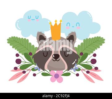 cute animal raccoon with crown flowers foliage nature decoration cartoon vector illustration Stock Vector