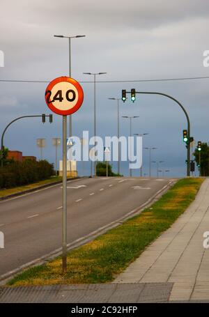Maximum speed limit 40 kilometres per our sign modified with a painted 2 to indicate a maximum speed limit of 240 kilometres per hour Stock Photo