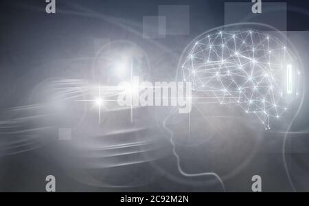Robot hand reaching towards digitalized brain with implant Stock Photo