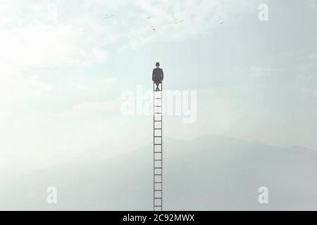 surreal image of a man who is sitting on a very high ladder in the middle of nature Stock Photo