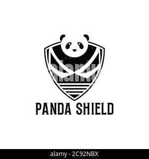 Rustic black panda shield logo design vector, vintage shield vector icon template Stock Vector