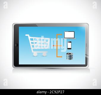 Tablet shopping cart diagram illustration design over a white background Stock Vector