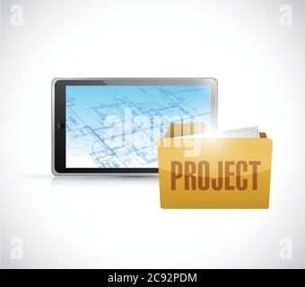 Blueprint tablet and project folder illustration over a white background Stock Vector