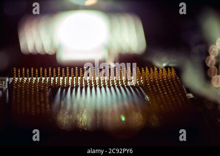 The computer processor contacts in a shot,  back light. Stock Photo