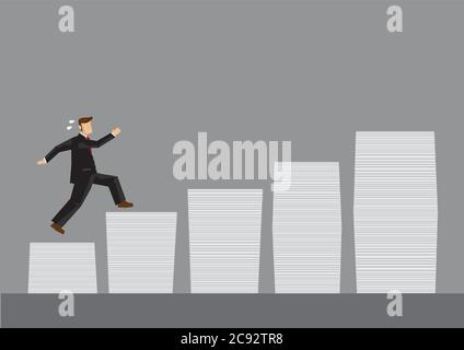 Cartoon business man running on stacks of documents. Creative cartoon vector illustration for work to achieve higher goals concept isolated on grey ba Stock Vector
