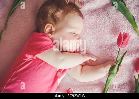 Close-up portrait of cute baby girl sleeping on pink bed with tulip in hand. Stock Photo