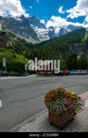 Panoramic view & Landscape of the Massif de La Meije from the small Alpine village of La Grave, Ecrins National Park, Hautes-Alpes, France Stock Photo