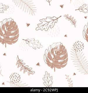Seamless pattern of abstract autumn elements, geometric shapes, plants and leaves in one line style. For mobile app page, web, wrapping paper, textile Stock Vector
