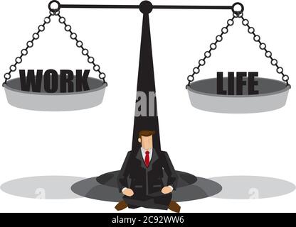 Businessman siting next to a seesaw thinking about work-life balance. Concept of work life balance. Isolated vector illustration. Stock Vector