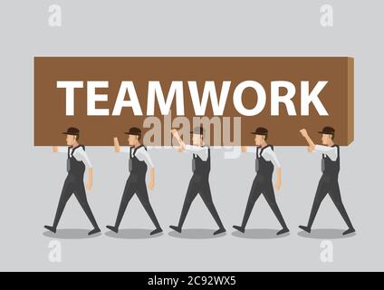 A group of workers working together to transport a text block that says Teamwork. Cartoon vector illustration on team work concept isolated on plain b Stock Vector