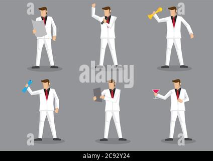 Cartoon man wearing full white suit and red necktie in party and holding different objects. Set of six vector character illustrations isolated on grey Stock Vector