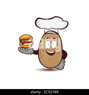 Potato cartoon character with a burger and a chef hat on a white background. Design template Vector Stock Vector