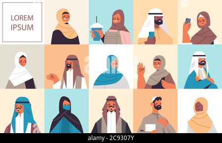 set arabic women men in traditional clothes smiling arab people avatars collection male female cartoon characters portrait horizontal copy space vector illustration Stock Vector