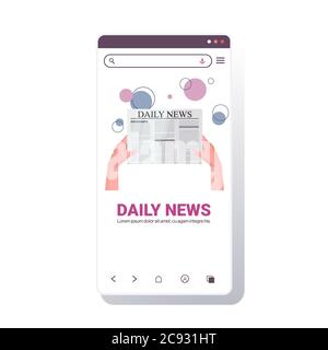 human hands holding newspaper reading daily news press mass media chat bubble communication concept smartphone screen mobile app vector illustration Stock Vector