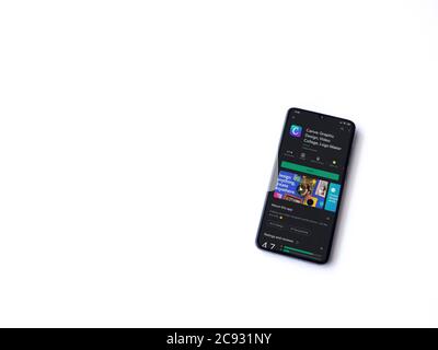 Lod, Israel - July 8, 2020: Canva - Graphic Design app play store page on the display of a black mobile smartphone isolated on white background. Top v Stock Photo